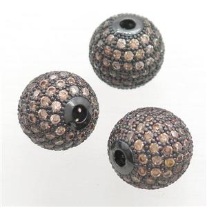 round copper beads pave champagne zircon, black plated, approx 8mm dia