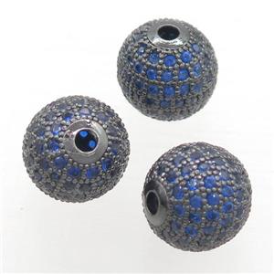 round copper beads pave blue zircon, black plated, approx 6mm dia