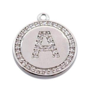 copper circle pendant pave zircon, letter A, platinum plated, approx 16mm dia