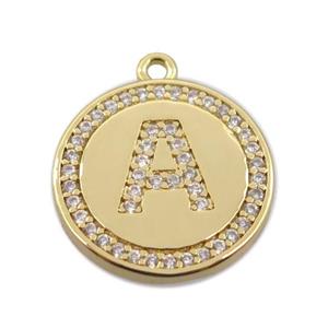 copper circle pendant pave zircon, letter A, gold plated, approx 16mm dia