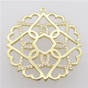 copper flower pendant pave zircon, gold plated, approx 32mm dia