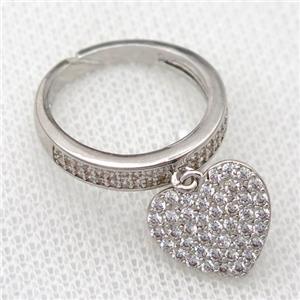 copper Rings pave zircon with heart, platinum plated, approx 13mm, 17mm