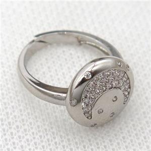 copper Rings pave zircon with moon, platinum plated, approx 14mm, 17mm