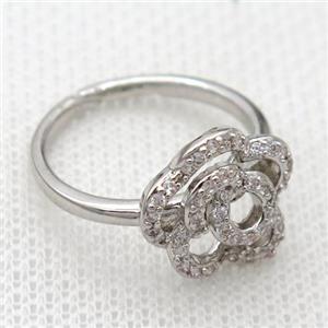 copper Rings pave zircon with flower, platinum plated, approx 13mm, 17mm