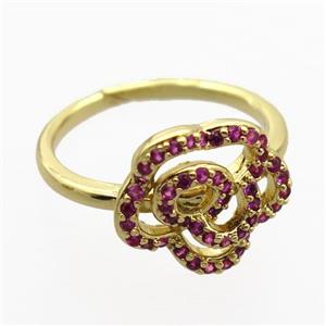 copper Rings pave zircon with flower, gold plated, approx 13mm, 17mm