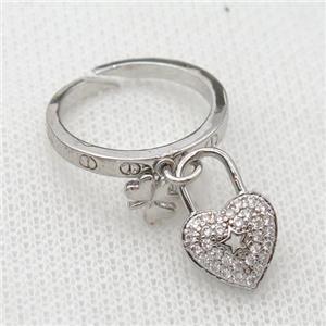copper Rings pave zircon with heartLock, platinum plated, approx 10-15mm, 17mm dia