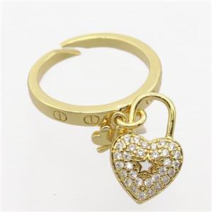 copper Rings pave zircon with heartLock, gold plated, approx 10-15mm, 17mm dia