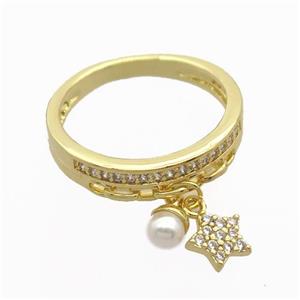 copper Rings pave zircon with star, gold plated, approx 6mm, 17mm dia
