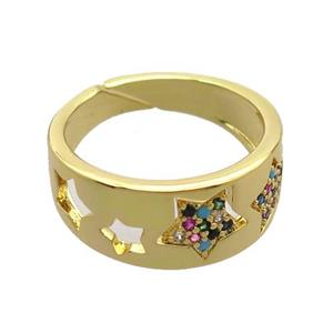 copper Rings pave zircon, star, gold plated, approx 7mm, 17mm dia