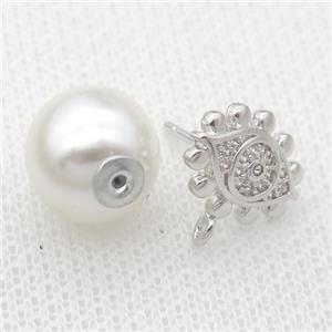 copper Stud Earrings pave zircon, pearl shell, platinum plated, approx 10-13mm, 11mm