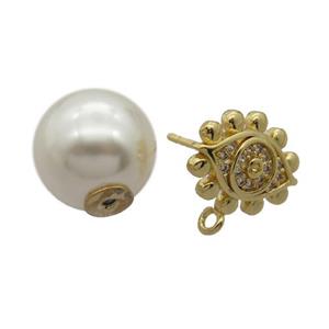 copper Stud Earrings pave zircon, pearl shell, gold plated, approx 10-13mm, 11mm