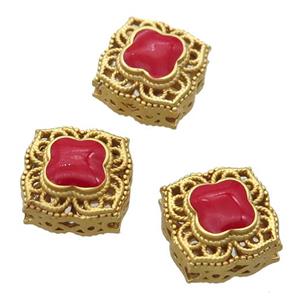 copper square beads with red enamel, unfade, duck gold, approx 11mm