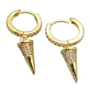 copper Hoop Earrings pave zircon with bullet, gold plated, approx 6.5-14mm, 14mm dia