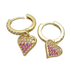 copper Hoop Earrings pave zircon with heart, gold plated, approx 10-11mm, 14mm dia
