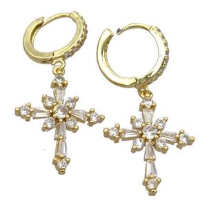 copper Hoop Earrings pave zircon with cross, gold plated, approx 18-22mm, 14mm dia