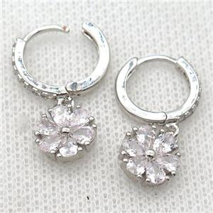 copper Hoop Earrings pave zircon with flower, platinum plated, approx 10mm, 14mm dia