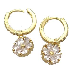 copper Hoop Earrings pave zircon with flower, gold plated, approx 10mm, 14mm dia