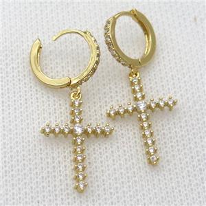 copper Hoop Earrings pave zircon with cross, gold plated, approx 16-20mm