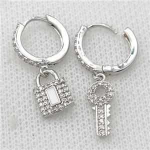 copper Hoop Earrings pave zircon with Key Lock, platinum plated, approx 8-15mm, 14mm dia