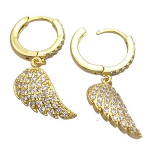 copper Hoop Earrings pave zircon with angelwings, gold plated, approx 8-16mm, 14mm dia
