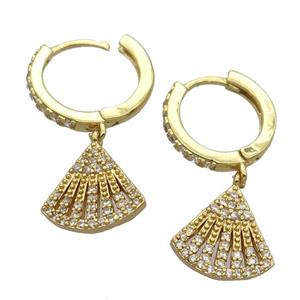 copper Hoop Earrings pave zircon with fans, gold plated, approx 12mm, 14mm dia