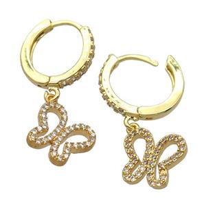 copper Hoop Earrings pave zircon with butterfly, gold plated, approx 10-11mm, 14mm dia
