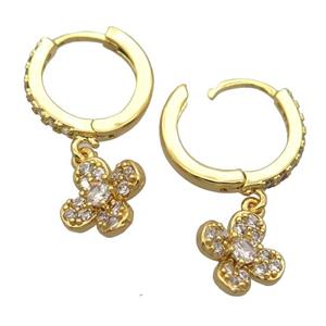 copper Hoop Earrings pave zircon with clover, gold plated, approx 10mm, 14mm dia
