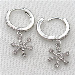 copper Hoop Earrings pave zircon with snowflake, platinum plated, approx 10mm, 14mm dia