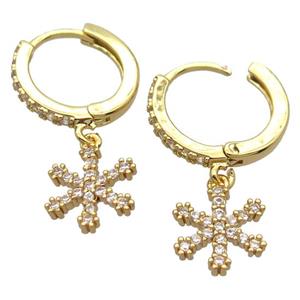 copper Hoop Earrings pave zircon with snowflake, gold plated, approx 10mm, 14mm dia