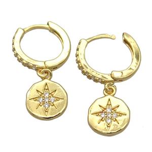 copper Hoop Earrings pave zircon with northstar, gold plated, approx 10mm, 14mm dia