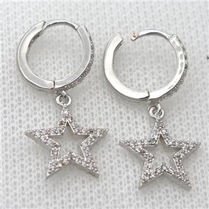 copper Hoop Earrings pave zircon with star, platinum plated, approx 14mm, 14mm dia