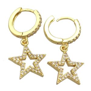 copper Hoop Earrings pave zircon with star, gold plated, approx 14mm, 14mm dia