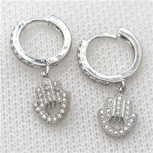 copper Hoop Earrings pave zircon with hamsahand, platinum plated, approx 8-10mm, 14mm dia
