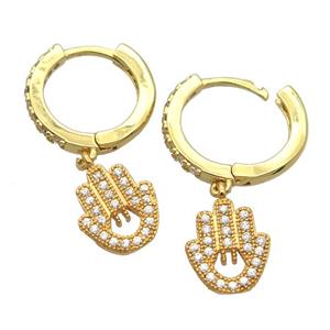 copper Hoop Earrings pave zircon with hamsahand, gold plated, approx 8-10mm, 14mm dia