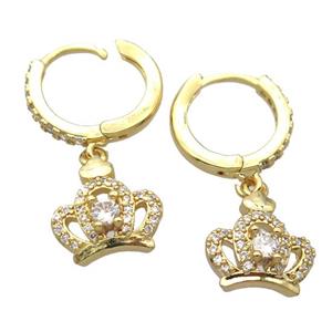 copper Hoop Earrings pave zircon with crown, gold plated, approx 10-11mm, 14mm dia
