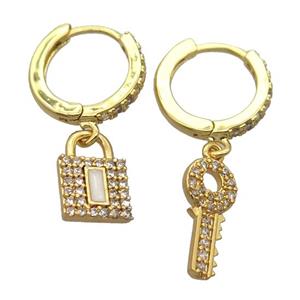 copper Hoop Earrings pave zircon with keyLock, gold plated, approx 8-15mm, 14mm dia