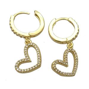 copper Hoop Earrings pave zircon with heart, gold plated, approx 10-14mm, 14mm dia