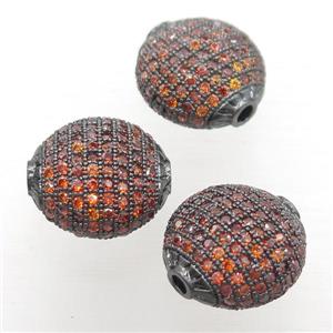 copper coin beads paved orange zircon, black plated, approx 15mm dia