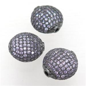 copper coin beads paved purple zircon, black plated, approx 15mm dia