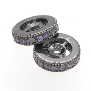 copper heishi beads paved purple zircon, black gunmetal plated, approx 10mm dia
