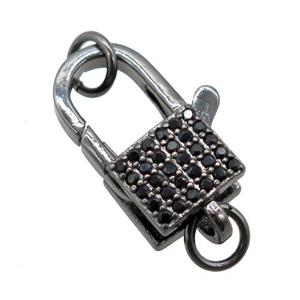 copper lock clasp pave zircon, black plated, approx 12-16mm