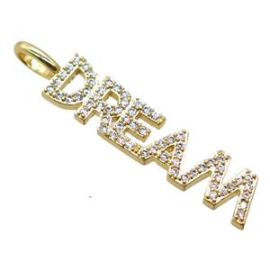 copper DREAM pendant pave zircon, letter, gold plated, approx 6x30mm