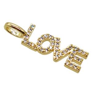 copper LOVE pendant pave zircon, letter, gold plated, approx 6x20mm