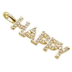copper HAPPY pendant pave zircon, letter, gold plated, approx 6x25mm