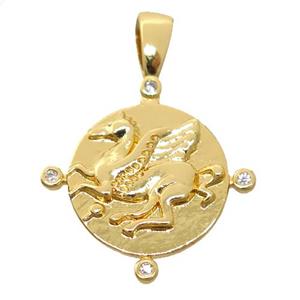 copper circle pendant pave zircon, horse, gold plated, approx 20mm