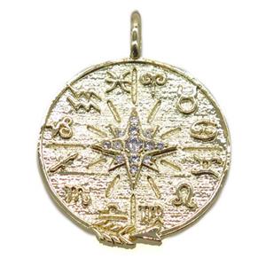 copper circle pendant pave zircon, compass, gold plated, approx 22mm dia
