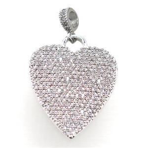 copper heart pendant pave zircon, platinum plated, approx 21-25mm
