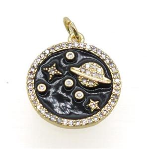 copper circle pendant pave zircon, enamel, planet, gold plated, approx 17mm dia