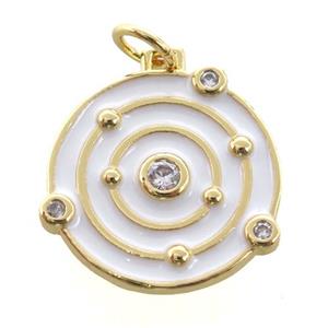 copper circle pendant pave zircon, enamel, planet, gold plated, approx 17.5mm dia