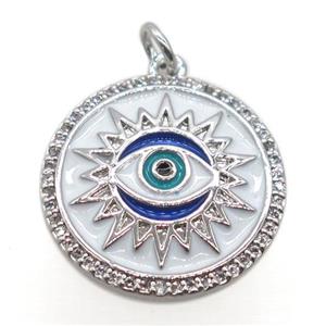 copper circle pendant pave zircon, enamel, eye, platinum plated, approx 19mm dia